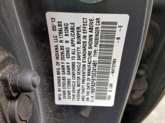 19XFB2F97DE241461 - 2013 HONDA CIVIC EXL GRAY photo 10