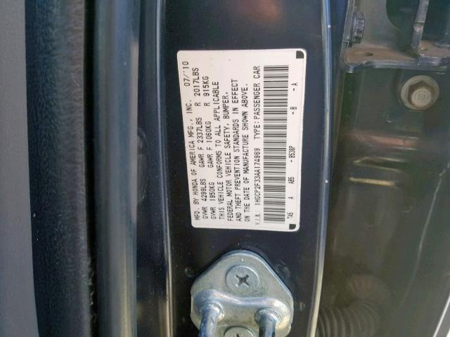 1HGCP2F33AA174969 - 2010 HONDA ACCORD LX BLUE photo 10