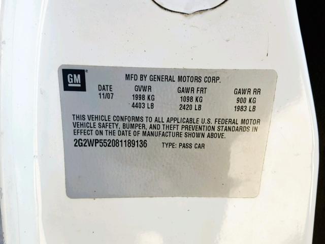 2G2WP552081189136 - 2008 PONTIAC GRAND PRIX 白色 照片 10