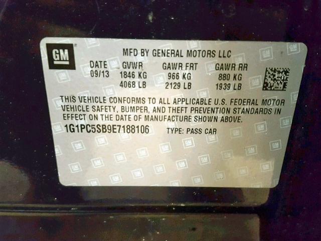 1G1PC5SB9E7188106 - 2014 CHEVROLET CRUZE LT BLUE photo 10