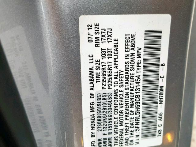 5FNRL5H69CB131454 - 2012 HONDA ODYSSEY EX SILVER photo 10