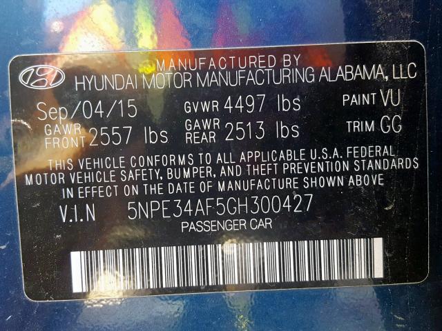 5NPE34AF5GH300427 - 2016 HYUNDAI SONATA SPO BLUE photo 10