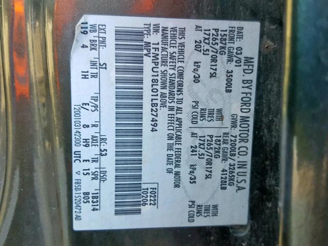 1FMPU18L01LB27494 - 2001 FORD EXPEDITION Yaşıl foto 10