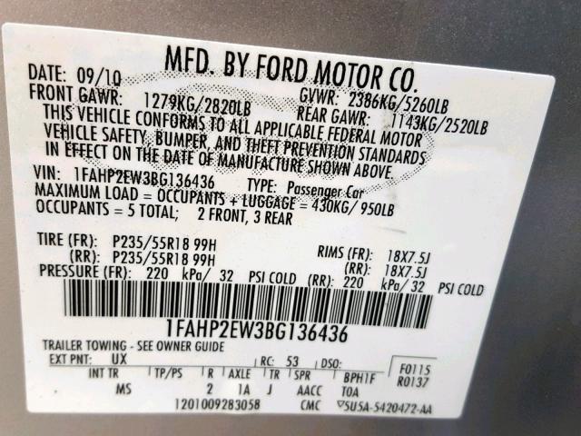 1FAHP2EW3BG136436 - 2011 FORD TAURUS SEL SILVER photo 10