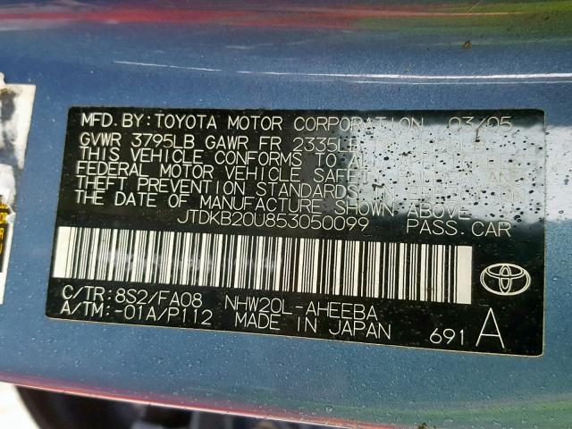 JTDKB20U853050099 - 2005 TOYOTA PRIUS BLUE photo 10