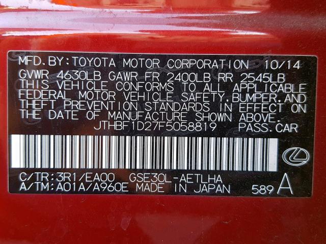 JTHBF1D27F5058819 - 2015 LEXUS IS 250 RED photo 10