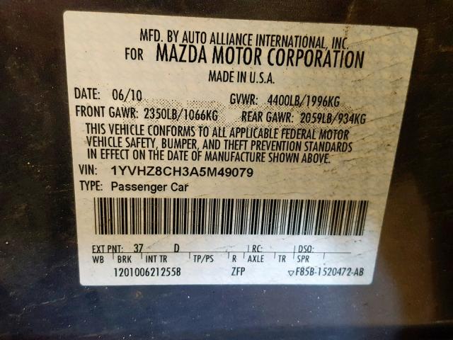 1YVHZ8CH3A5M49079 - 2010 MAZDA 6 I SILVER photo 10