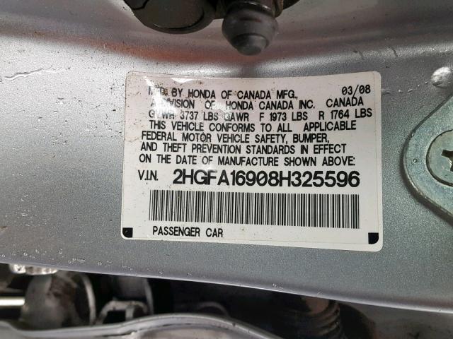 2HGFA16908H325596 - 2008 HONDA CIVIC EXL SILVER photo 10