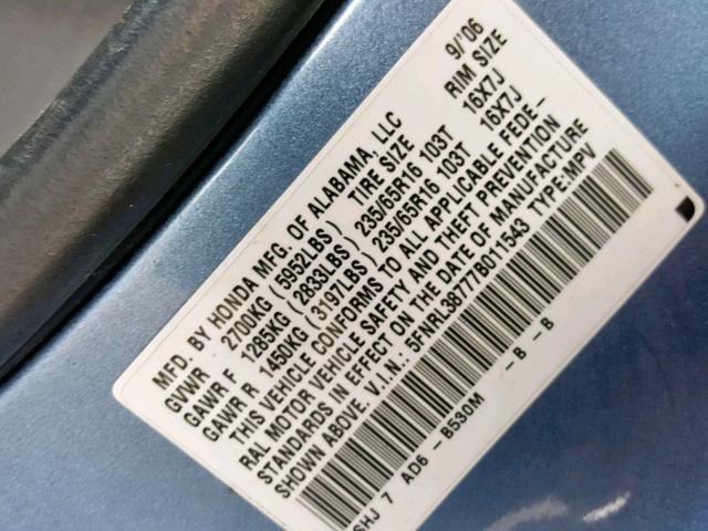 5FNRL38777B011543 - 2007 HONDA ODYSSEY EX 蓝色 照片 10