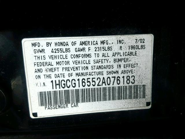 1HGCG16552A076183 - 2002 HONDA ACCORD EX BLACK photo 10