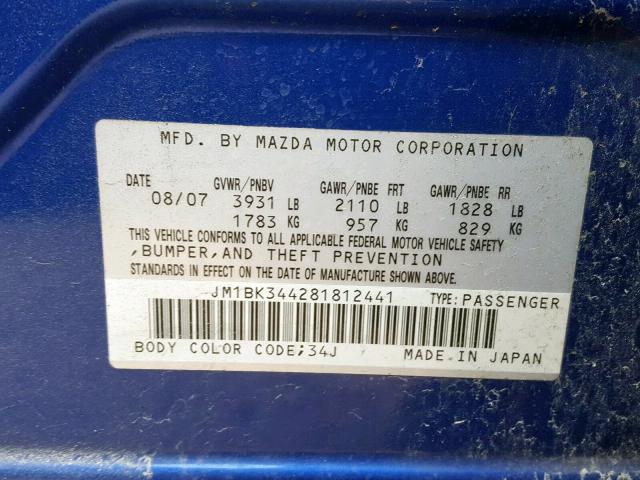 JM1BK344281812441 - 2008 MAZDA 3 HATCHBAC BLUE photo 10