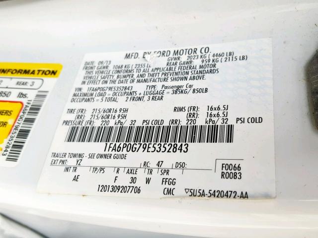 1FA6P0G79E5352843 - 2014 FORD FUSION S WHITE photo 10