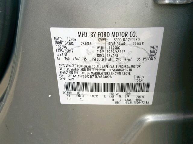 2FMDK38C87BA53996 - 2007 FORD EDGE SEL BLUE photo 10