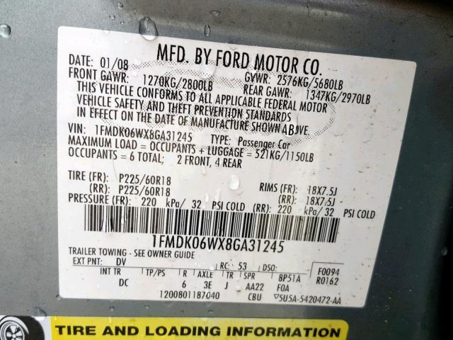 1FMDK06WX8GA31245 - 2008 FORD TAURUS X L SILVER photo 10