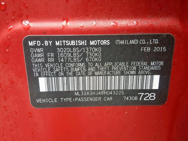 ML32A3HJ4FH043225 - 2015 MITSUBISHI MIRAGE DE RED photo 10