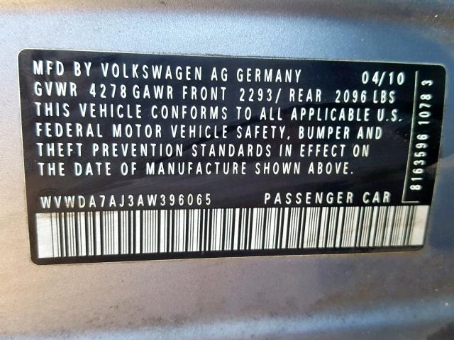 WVWDA7AJ3AW396065 - 2010 VOLKSWAGEN GOLF 蓝色 照片 10