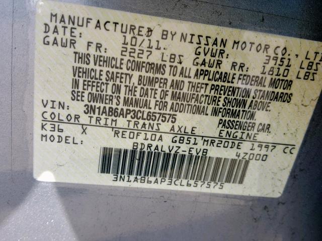 3N1AB6AP3CL657575 - 2012 NISSAN SENTRA 2.0 SILVER photo 10