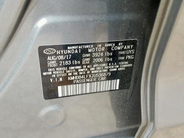 KMHD84LFXJU536879 - 2018 HYUNDAI ELANTRA SE GRAY photo 10