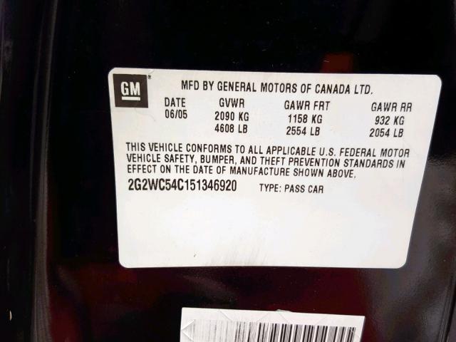 2G2WC54C151346920 - 2005 PONTIAC GRAND PRIX BLACK photo 10