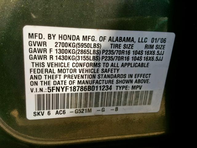 5FNYF18786B011234 - 2006 HONDA PILOT EX GREEN photo 10