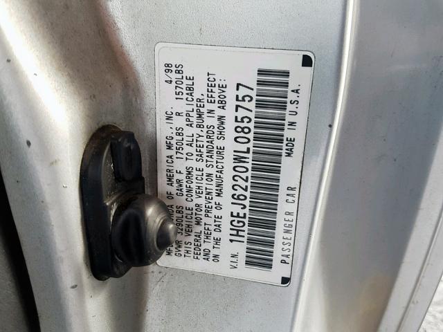 1HGEJ6220WL085757 - 1998 HONDA CIVIC DX SILVER photo 10