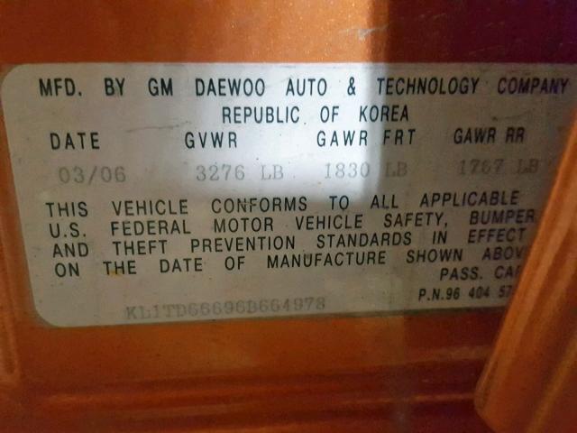 KL1TD66696B664978 - 2006 CHEVROLET AVEO BASE Қызғылт сары фото 10