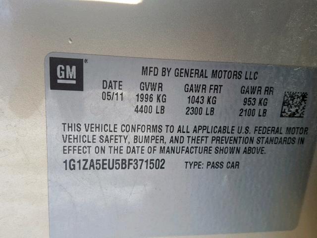 1G1ZA5EU5BF371502 - 2011 CHEVROLET MALIBU LS GOLD photo 10