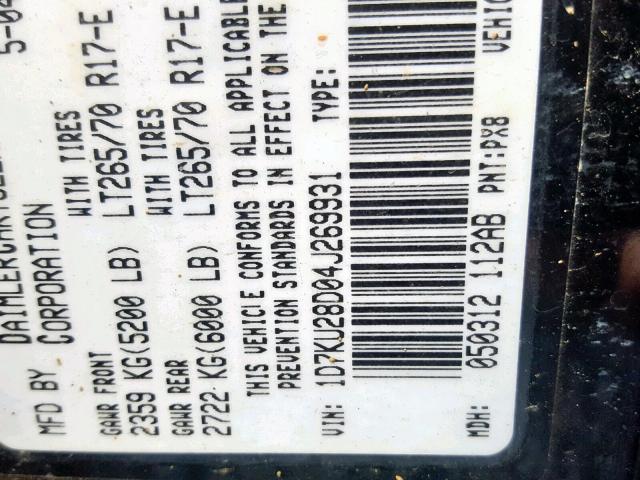 1D7KU28D04J269931 - 2004 DODGE RAM 2500 S BLACK photo 10