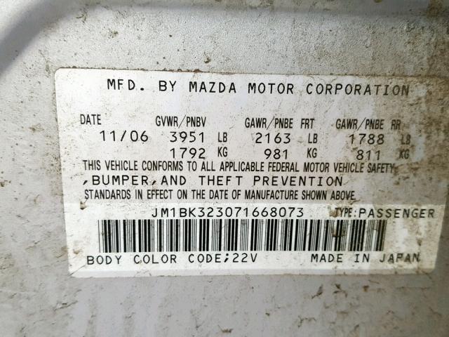 JM1BK323071668073 - 2007 MAZDA 3 S SILVER photo 10