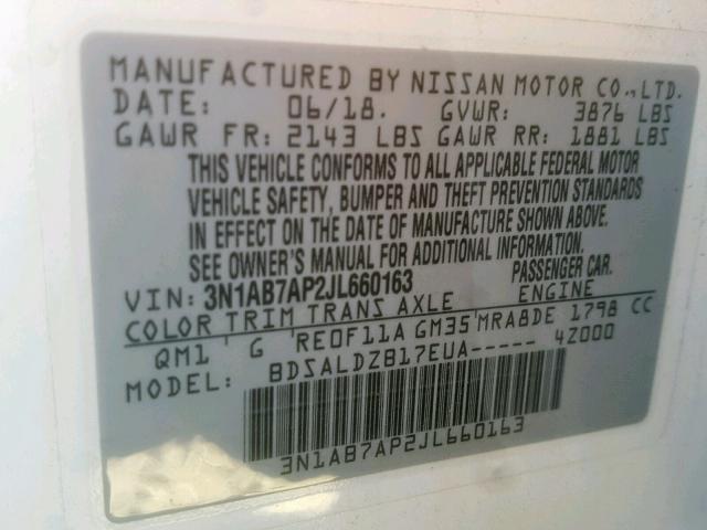 3N1AB7AP2JL660163 - 2018 NISSAN SENTRA S WHITE photo 10