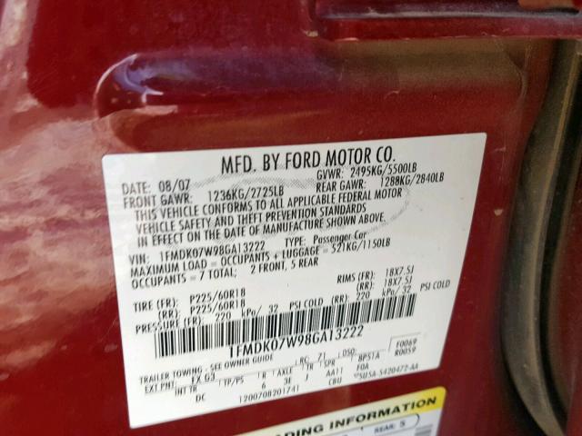 1FMDK07W98GA13222 - 2008 FORD TAURUS X E RED photo 10