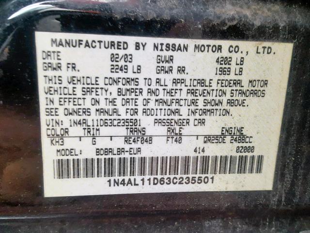 1N4AL11D63C235501 - 2003 NISSAN ALTIMA BAS BLACK photo 10