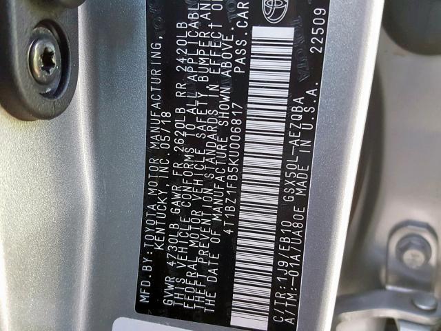 4T1BZ1FB5KU006817 - 2019 TOYOTA AVALON XLE SILVER photo 10