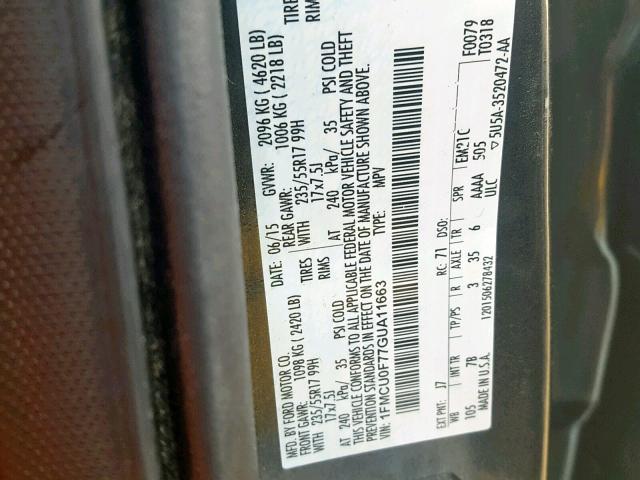 1FMCU0F77GUA11663 - 2016 FORD ESCAPE S GRAY photo 10