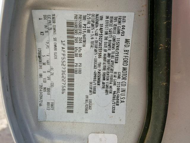 1FAFP55273G227586 - 2003 FORD TAURUS SES GRAY photo 10