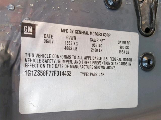 1G1ZS58F77F314462 - 2007 CHEVROLET MALIBU LS GRAY photo 10