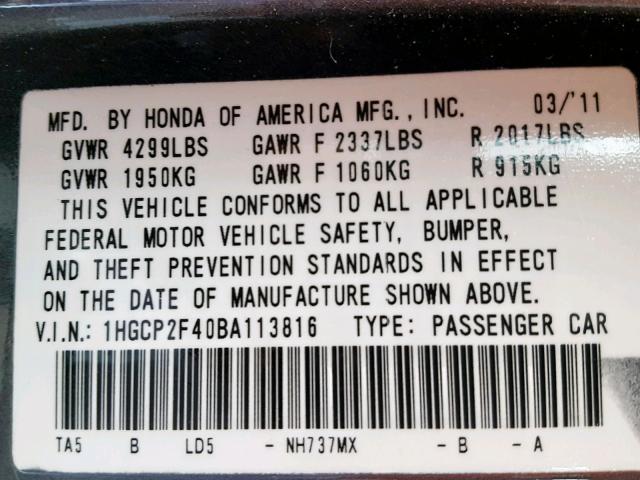 1HGCP2F40BA113816 - 2011 HONDA ACCORD LXP CHARCOAL photo 10