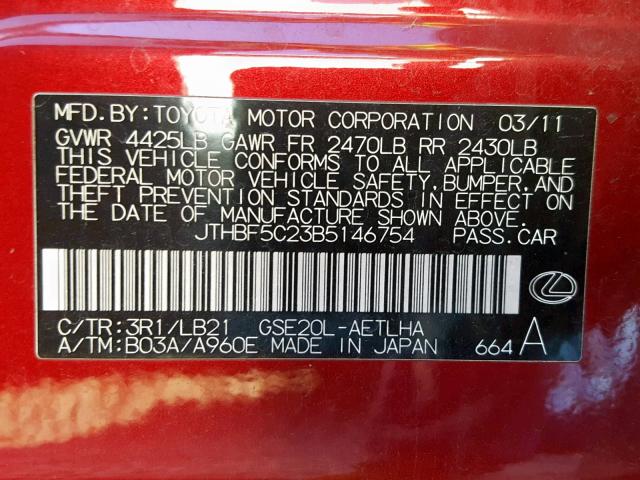 JTHBF5C23B5146754 - 2011 LEXUS IS 250 RED photo 10