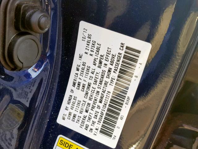 19UUA8F51DA003278 - 2013 ACURA TL TECH BLUE photo 10
