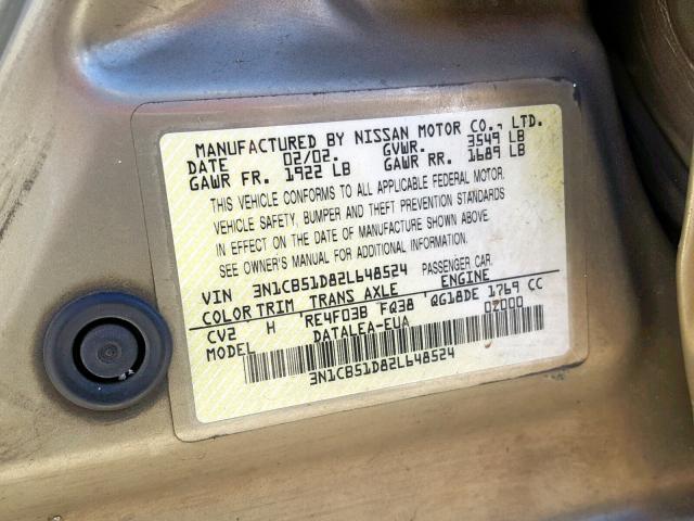 3N1CB51D82L648524 - 2002 NISSAN SENTRA XE TAN photo 10