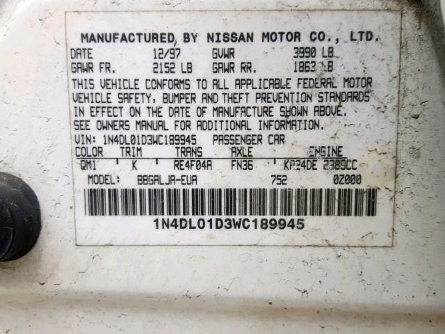 1N4DL01D3WC189945 - 1998 NISSAN ALTIMA XE WHITE photo 10