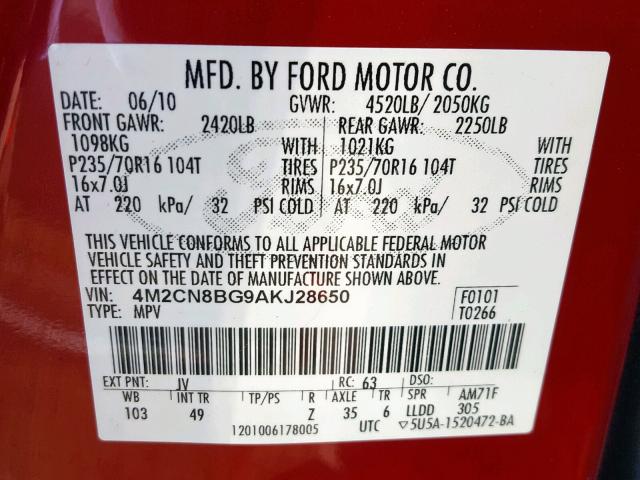 4M2CN8BG9AKJ28650 - 2010 MERCURY MARINER MAROON photo 10