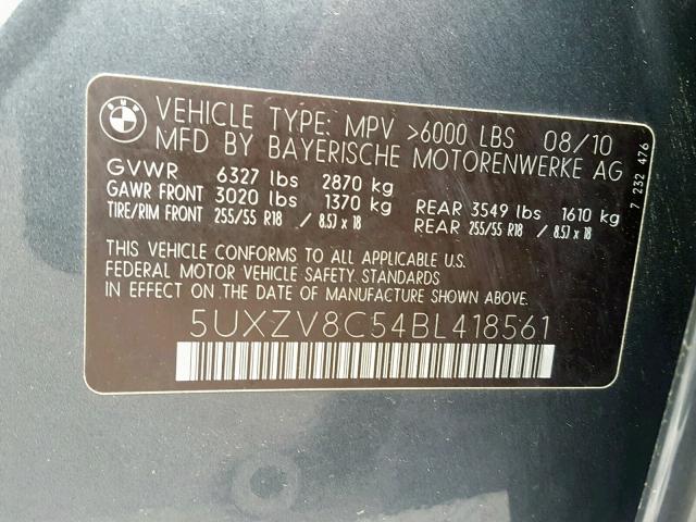 5UXZV8C54BL418561 - 2011 BMW X5 XDRIVE5 GRAY photo 10
