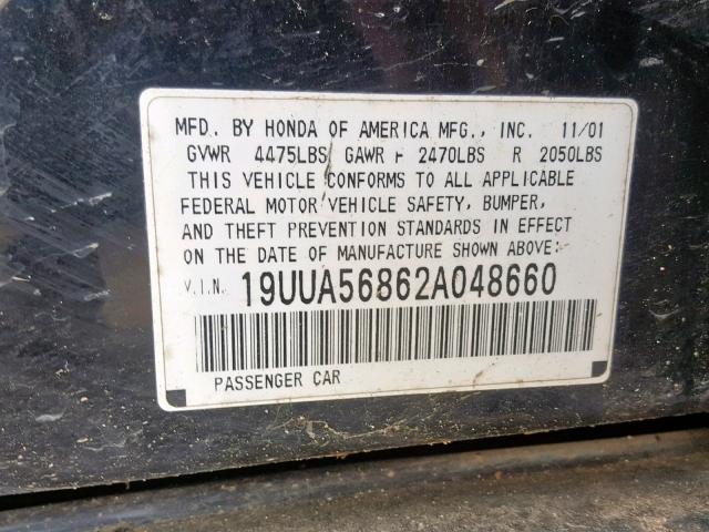 19UUA56862A048660 - 2002 ACURA 3.2TL TYPE BLACK photo 10