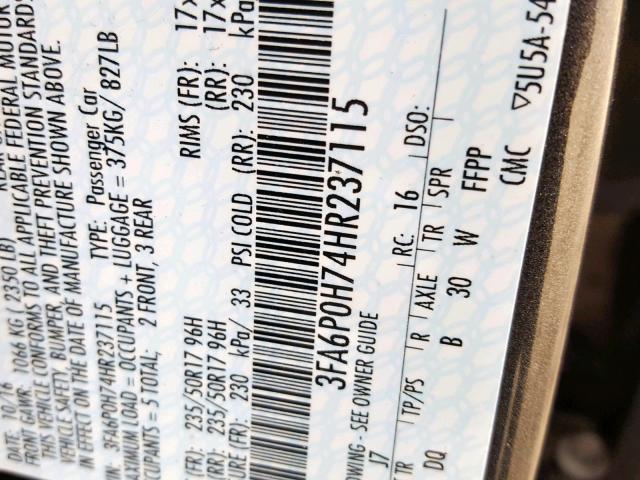 3FA6P0H74HR237115 - 2017 FORD FUSION SE GRAY photo 10