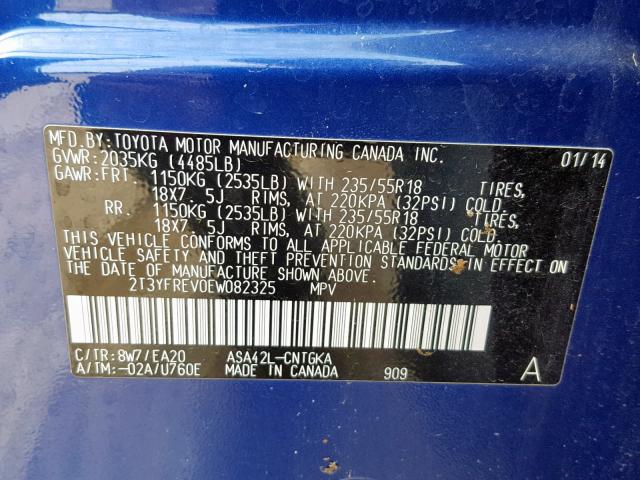 2T3YFREV0EW082325 - 2014 TOYOTA RAV4 LIMIT BLUE photo 10