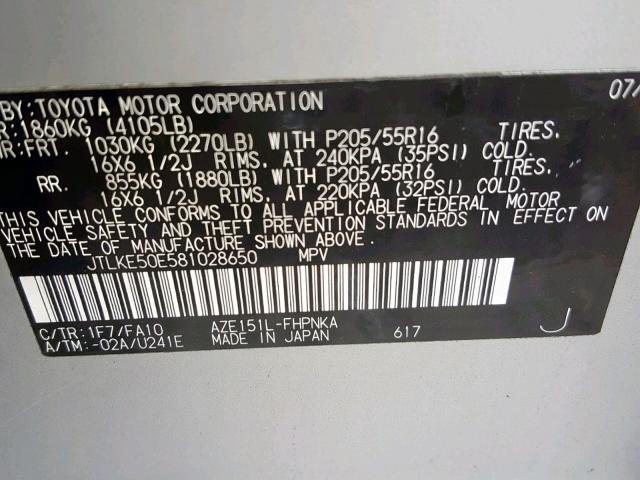 JTLKE50E581028650 - 2008 TOYOTA SCION SILVER photo 10