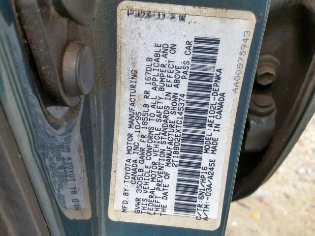 2T1BB02EXTC145374 - 1996 TOYOTA COROLLA DX BLUE photo 10