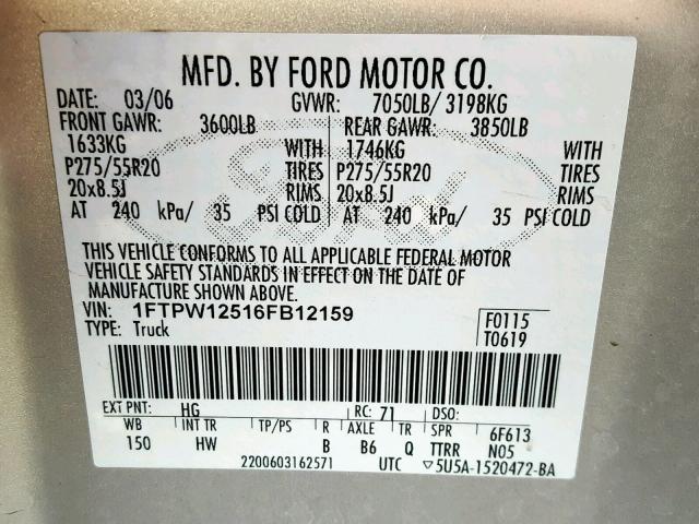 1FTPW12516FB12159 - 2006 FORD F150 SUPER GRAY photo 10