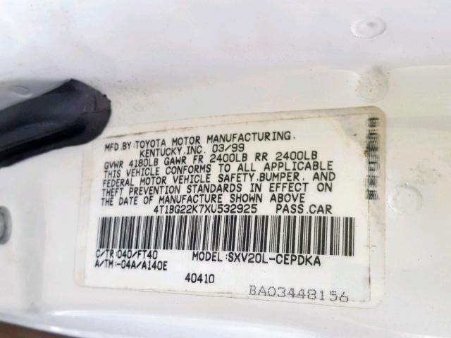 4T1BG22K7XU532925 - 1999 TOYOTA CAMRY CE 白色 照片 10